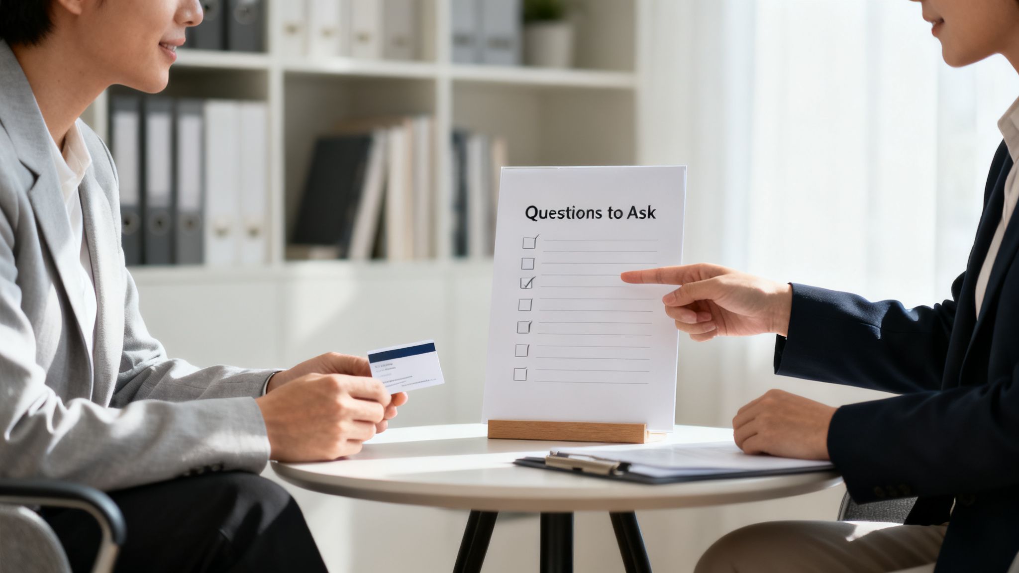 A consultant points to a 'Questions to Ask' checklist while a client holds a card.