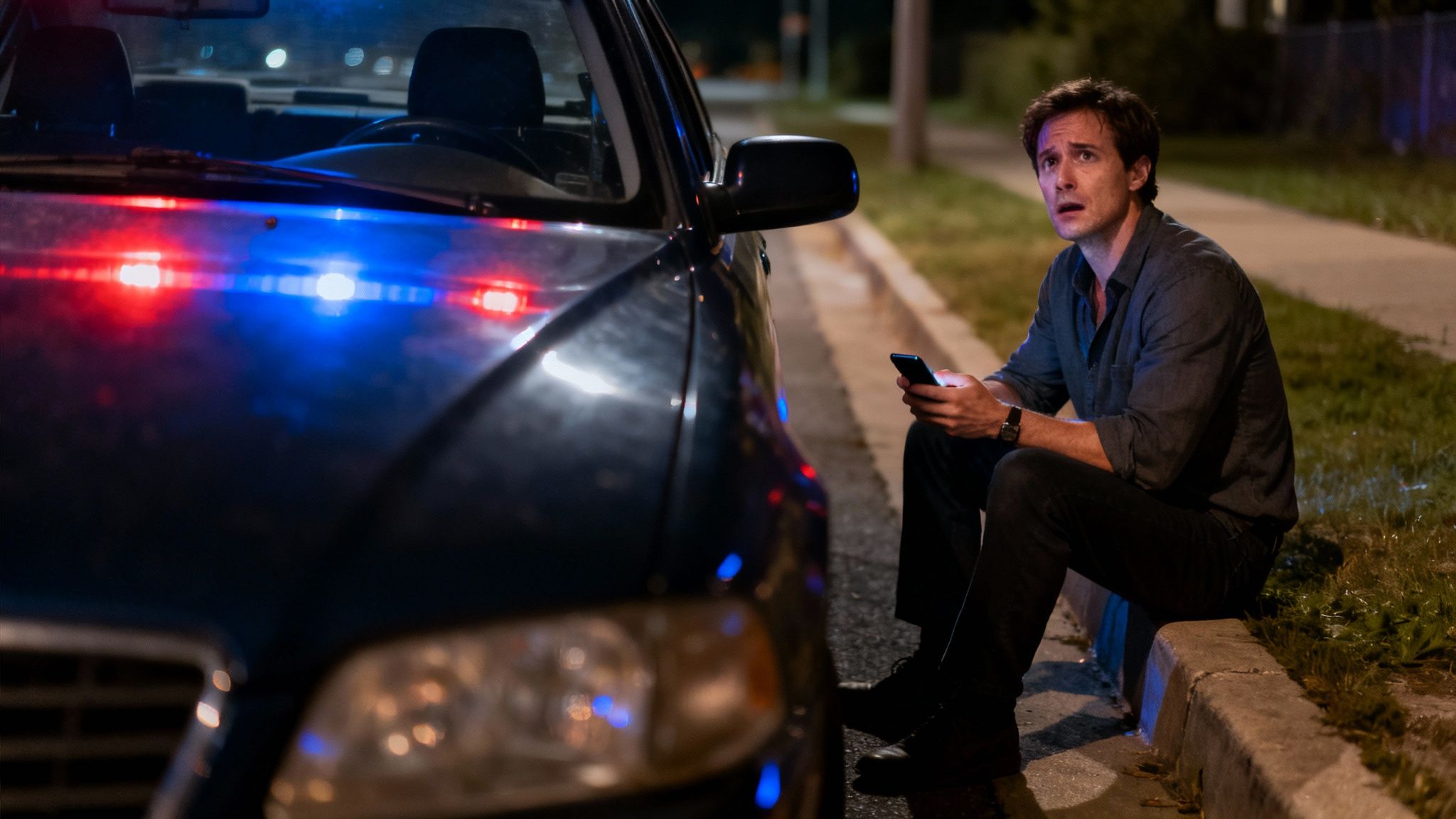Distressed man sits on curb next to a car with flashing police lights, holding a phone at night.