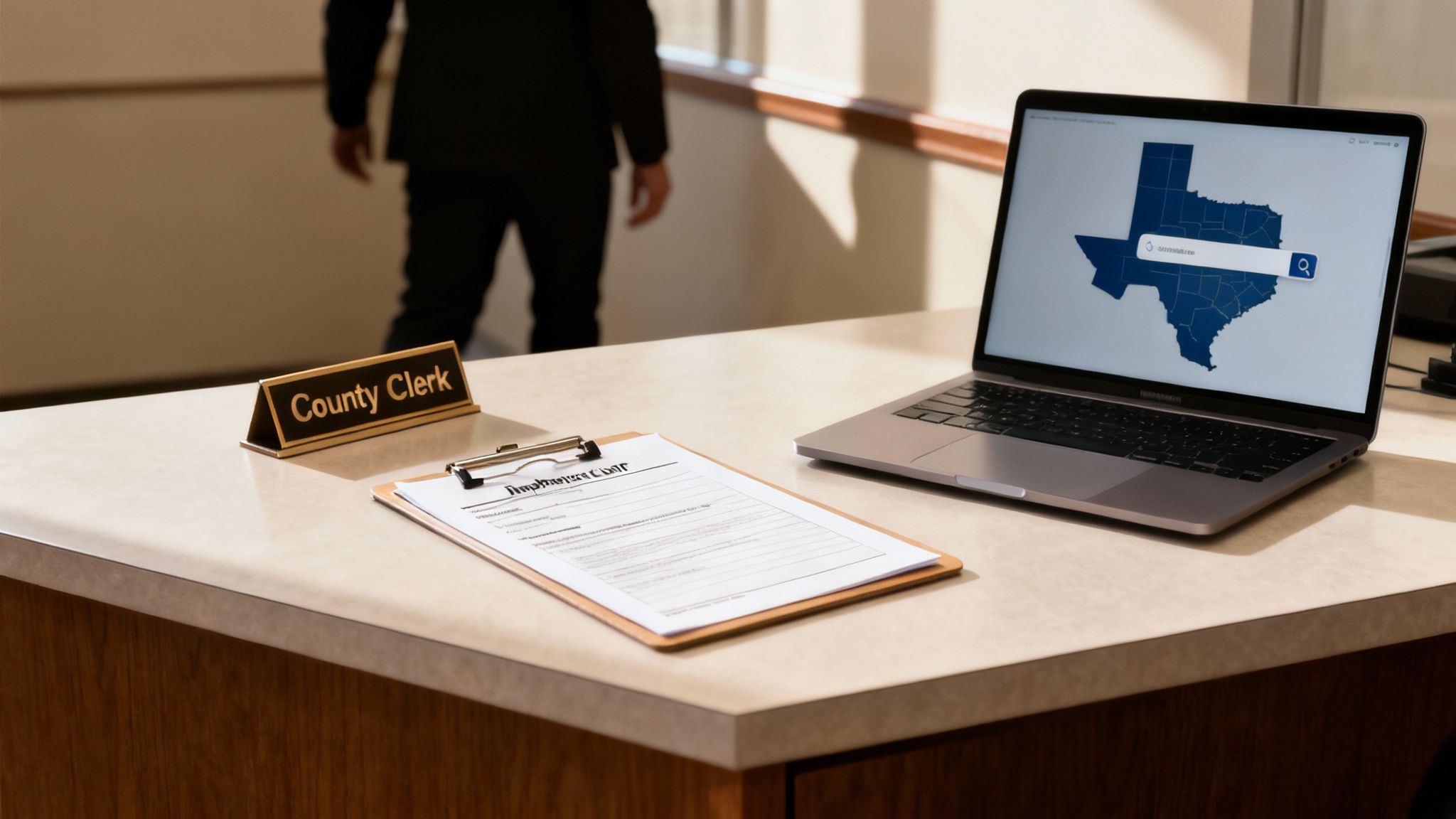 A County Clerk desk with a laptop showing a Texas map and a document on a clipboard.