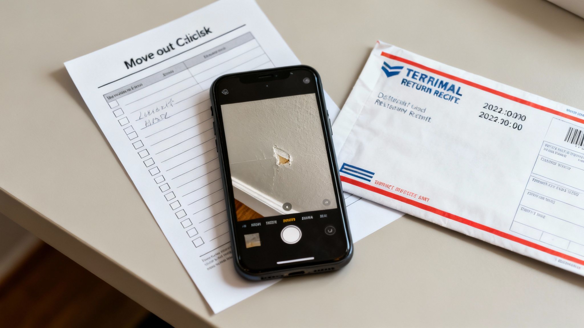 Phone displaying damage to a wall with a move-out checklist and a return receipt, emphasizing tenant documentation during lease termination.