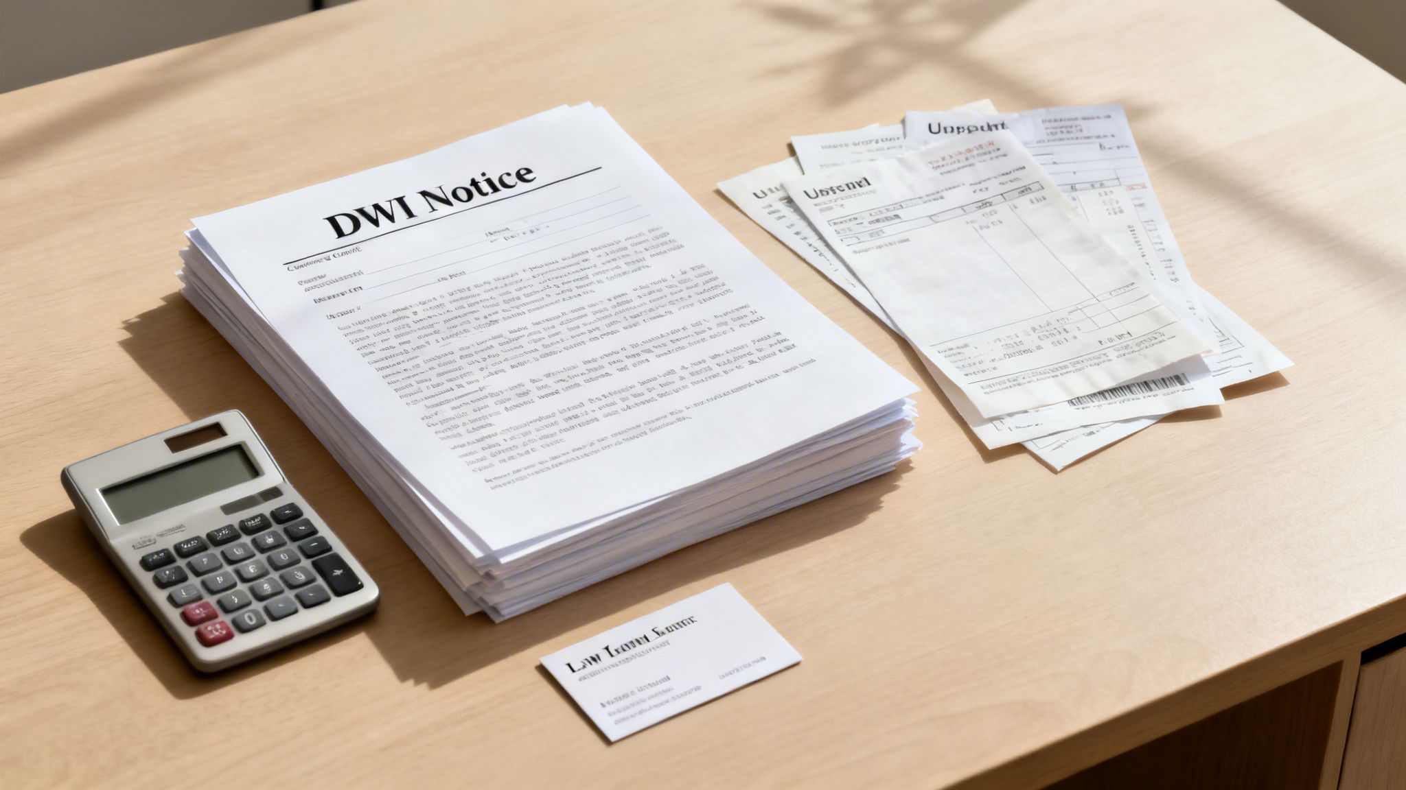 A wooden desk features a stack of "DWI Notice" papers, a calculator, receipts, and a business card.