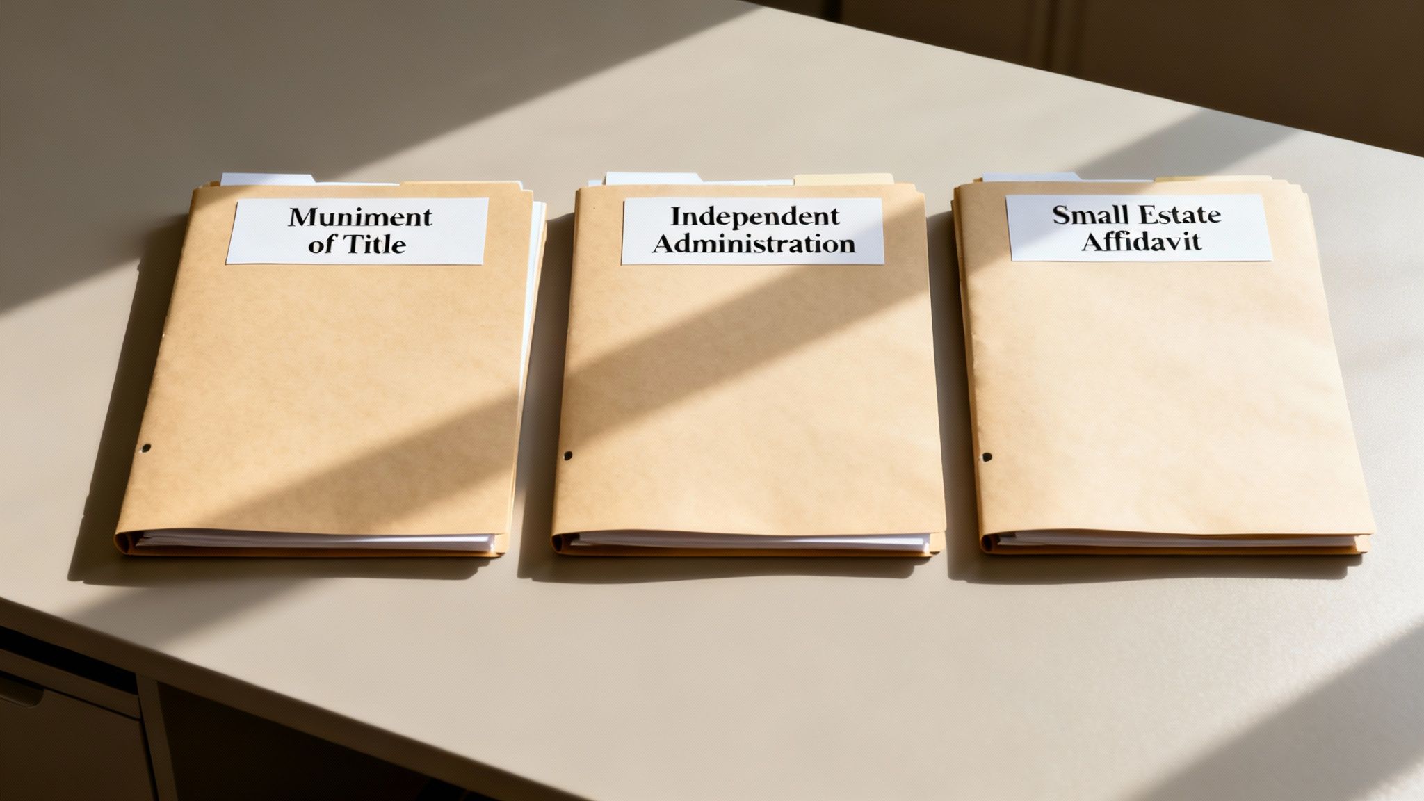 Folders labeled "Muniment of Title," "Independent Administration," and "Small Estate Affidavit" on a table, representing Texas probate options for estate management.