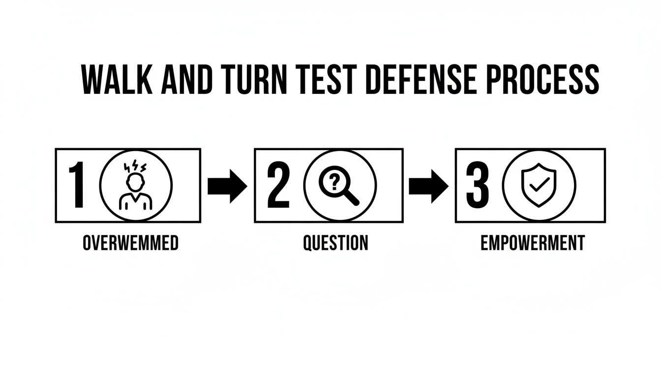 Walk and turn test defense process infographic illustrating three steps: feeling overwhelmed, questioning the process, and achieving empowerment.