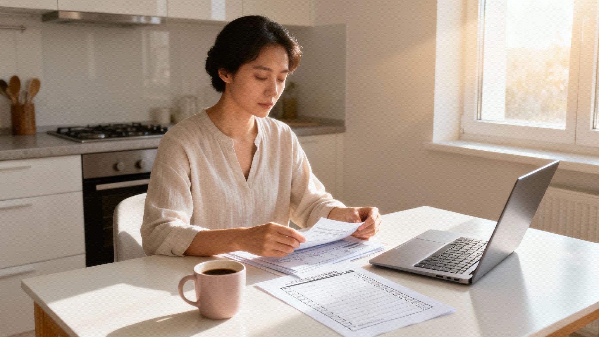 An Asian woman reviews documents at a bright kitchen table with a laptop and coffee.