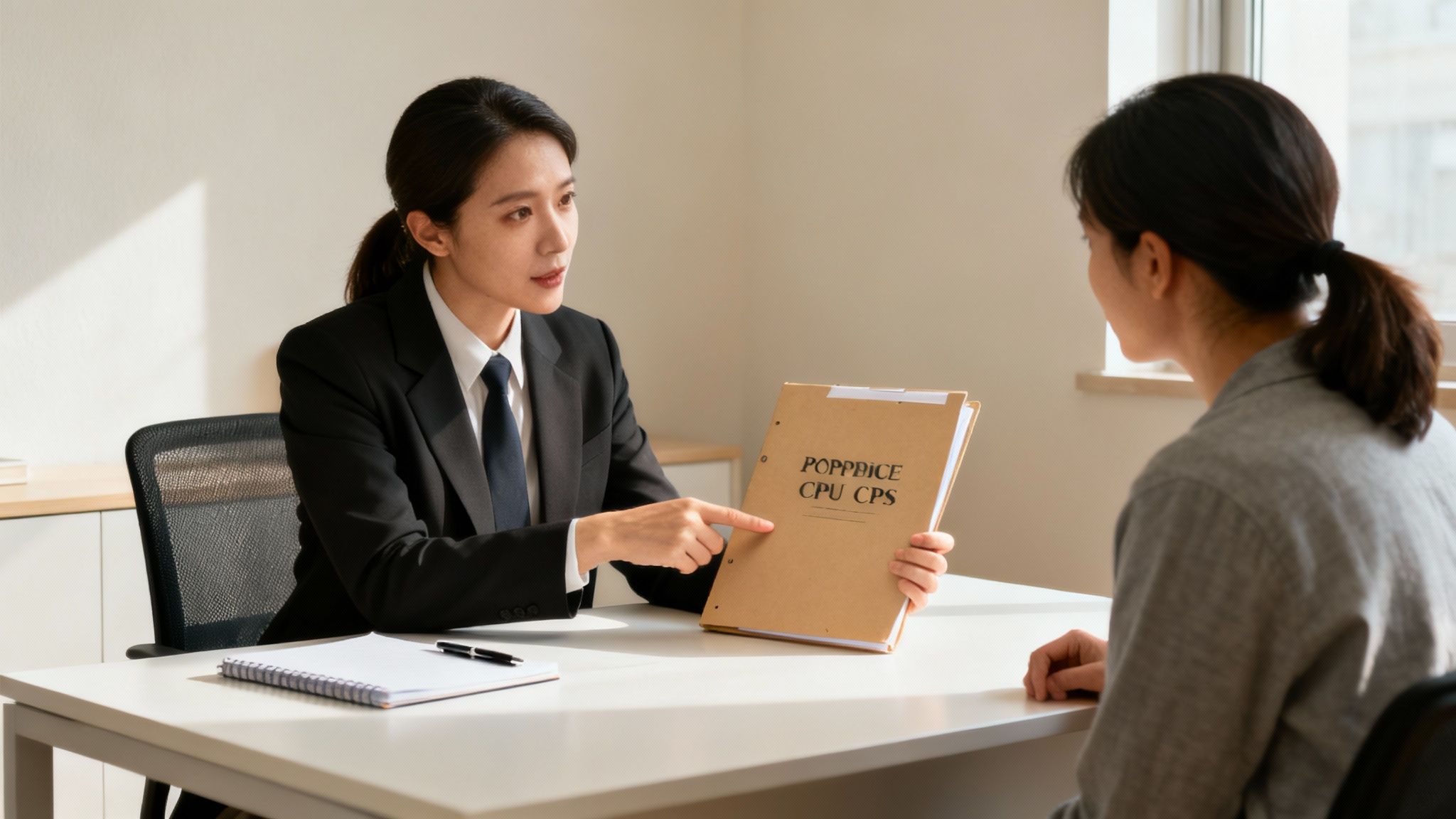 A confident lawyer reviewing legal documents in a law office, representing protection.