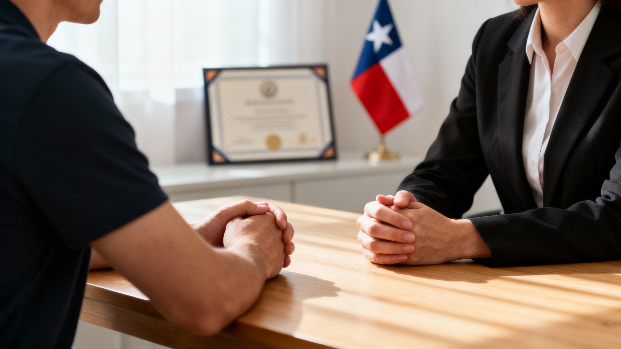 Two individuals clasp hands on a table during a professional meeting in an office setting.