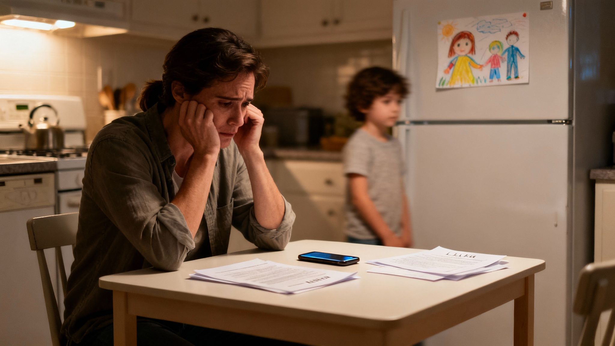 A distressed woman sits at a kitchen table with legal papers, looking stressed, with a child in the background.