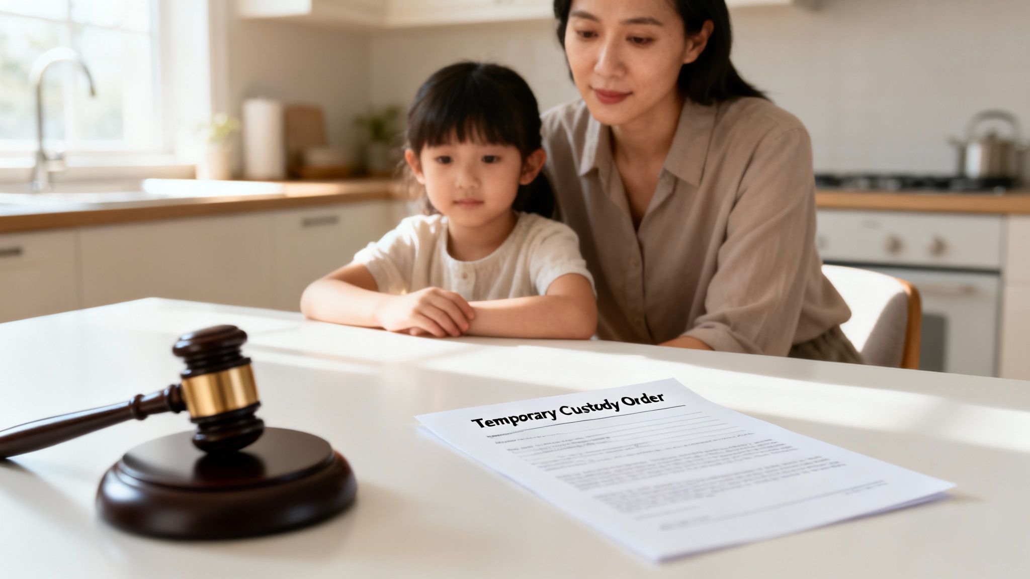 Mother and child reviewing a temporary custody order document on a kitchen table, with a gavel in the foreground, symbolizing family law and custody arrangements in Texas.