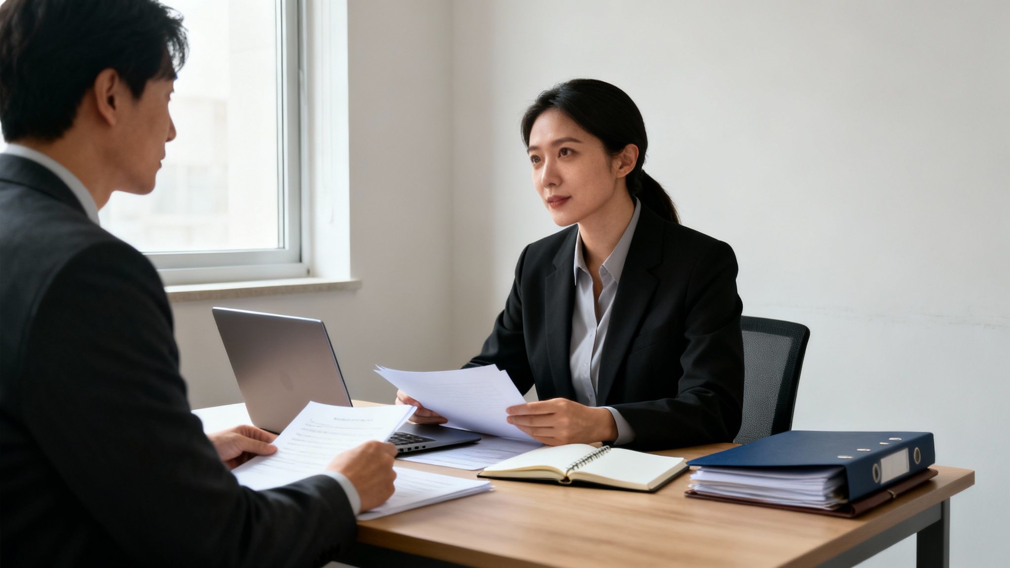 Business meeting between a lawyer and a client discussing deposition preparation, with documents and a laptop on the table, emphasizing legal consultation and strategy.