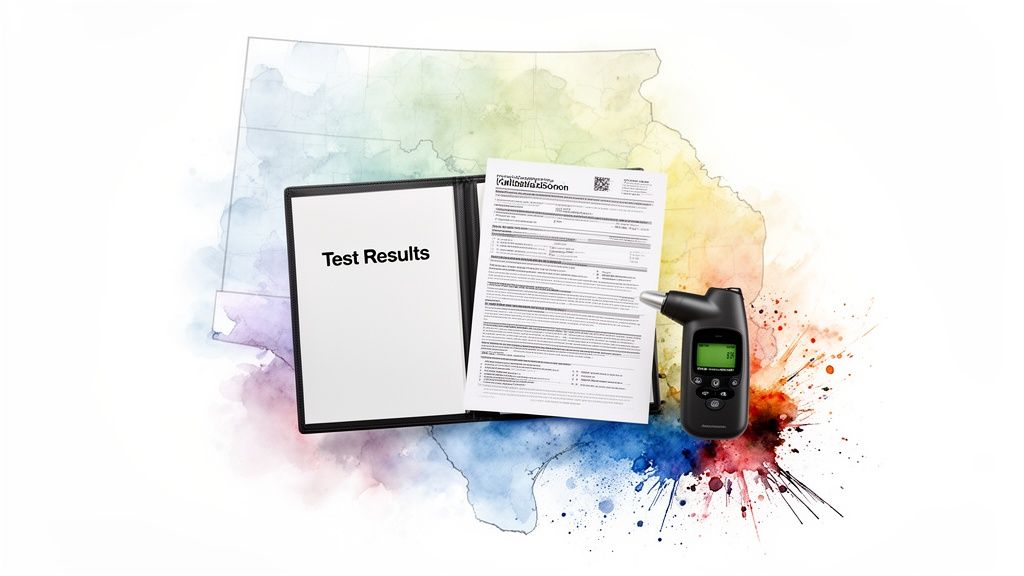 A breathalyzer device, test results document, and binder on a watercolor map, symbolizing legal processes.