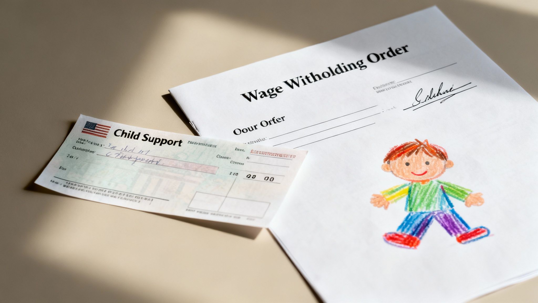 Child support check and wage withholding order with a child drawing, representing retroactive child support processes in Texas.