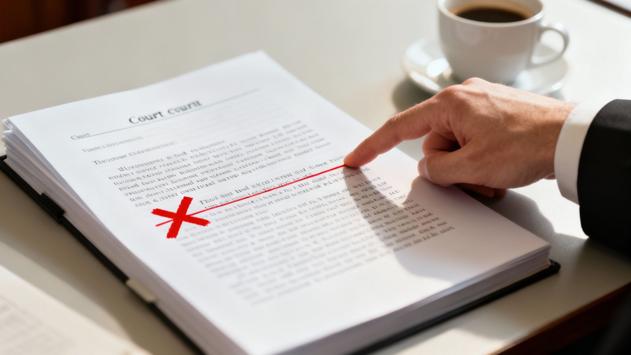 A person's hand points at a legal document with red marks and text, beside a coffee cup.