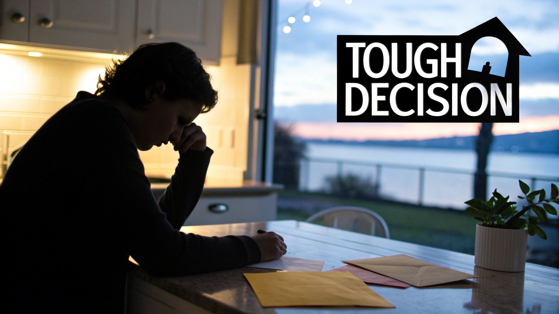 A pensive person sits at a table with letters, contemplating a tough decision about parental rights.