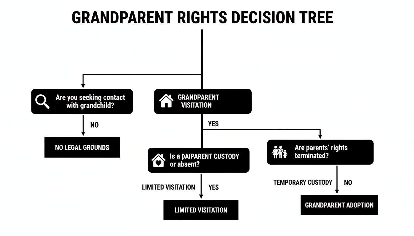 Flowchart illustrating grandparent rights for visitation, custody, and adoption decisions.
