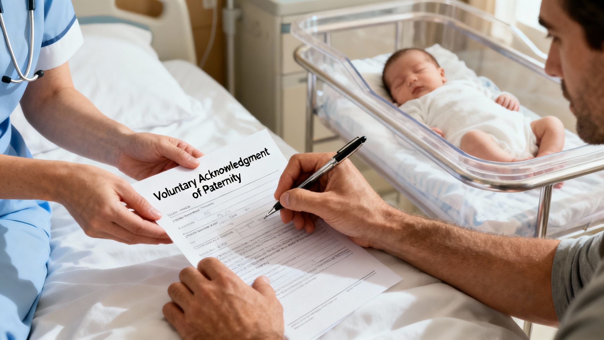 A father holds his newborn baby, symbolizing the moment of establishing a legal parental bond.