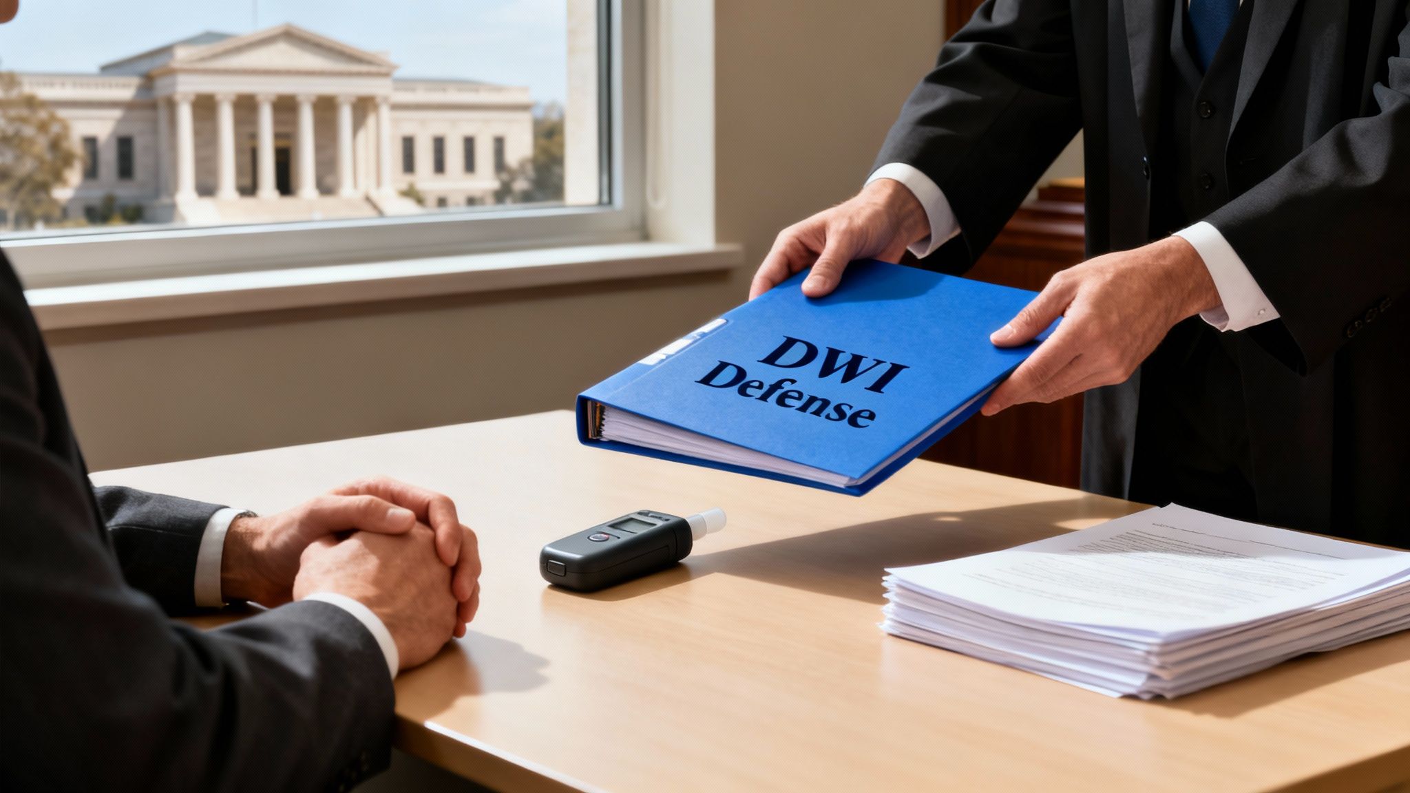 A lawyer hands a DWI Defense folder to a client with a breathalyzer on the table, courthouse visible.
