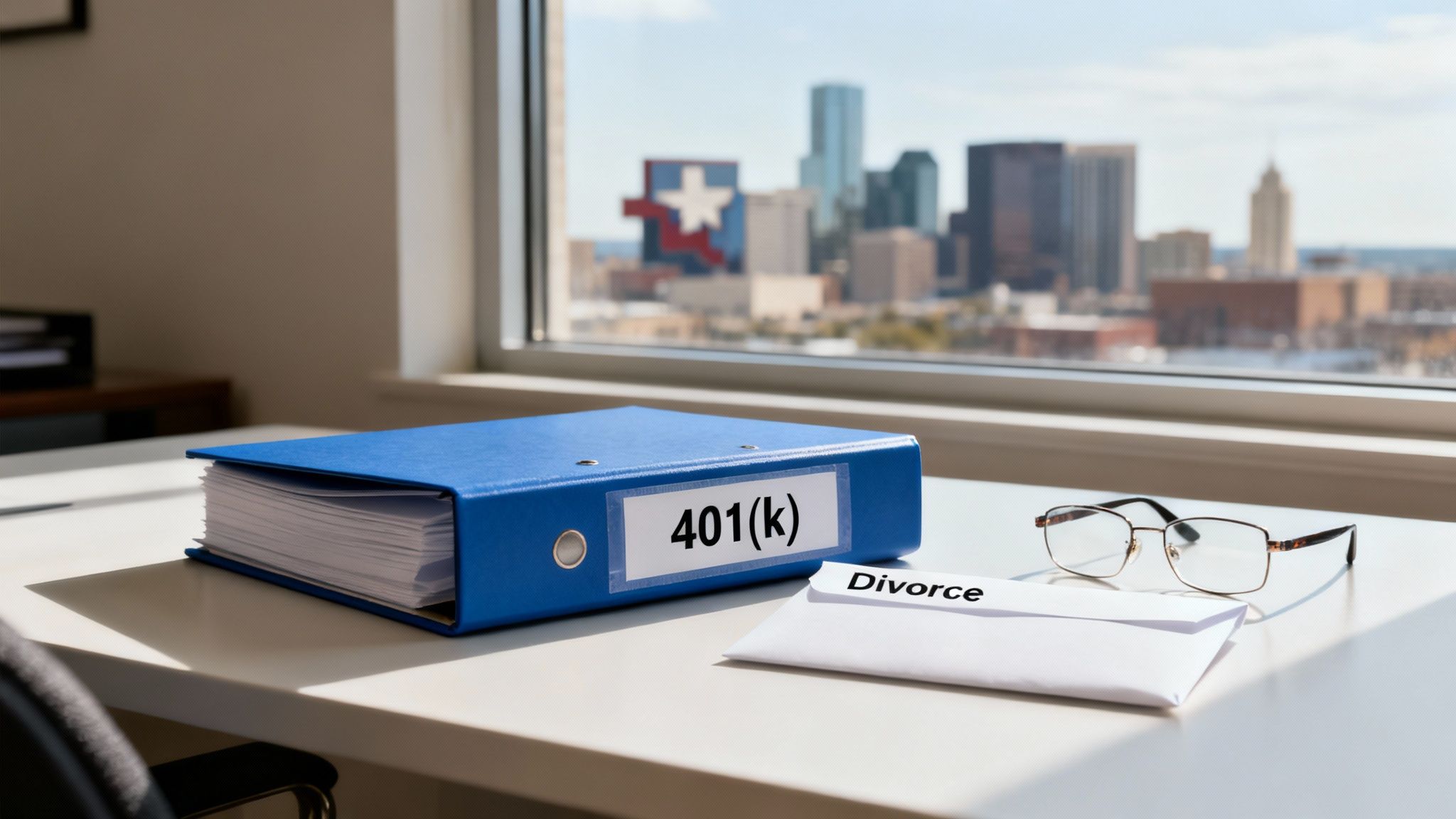 A blue '401(k)' binder, a 'Divorce' envelope, and glasses on a desk overlooking a city.