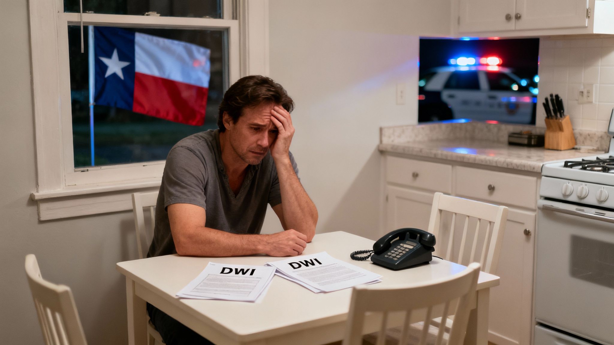 A driver's view of the road at night, representing the uncertainty after a DWI arrest.