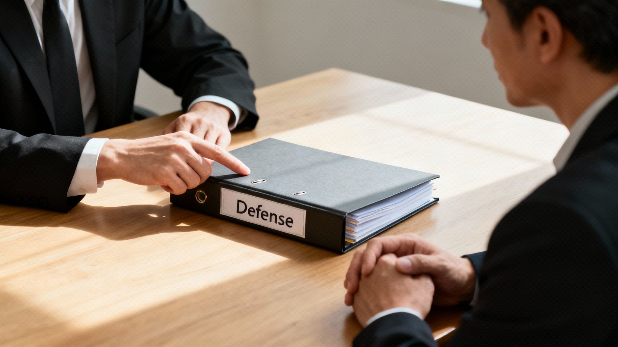 Attorney pointing at "Defense" binder during consultation about Class B misdemeanor legal strategy.