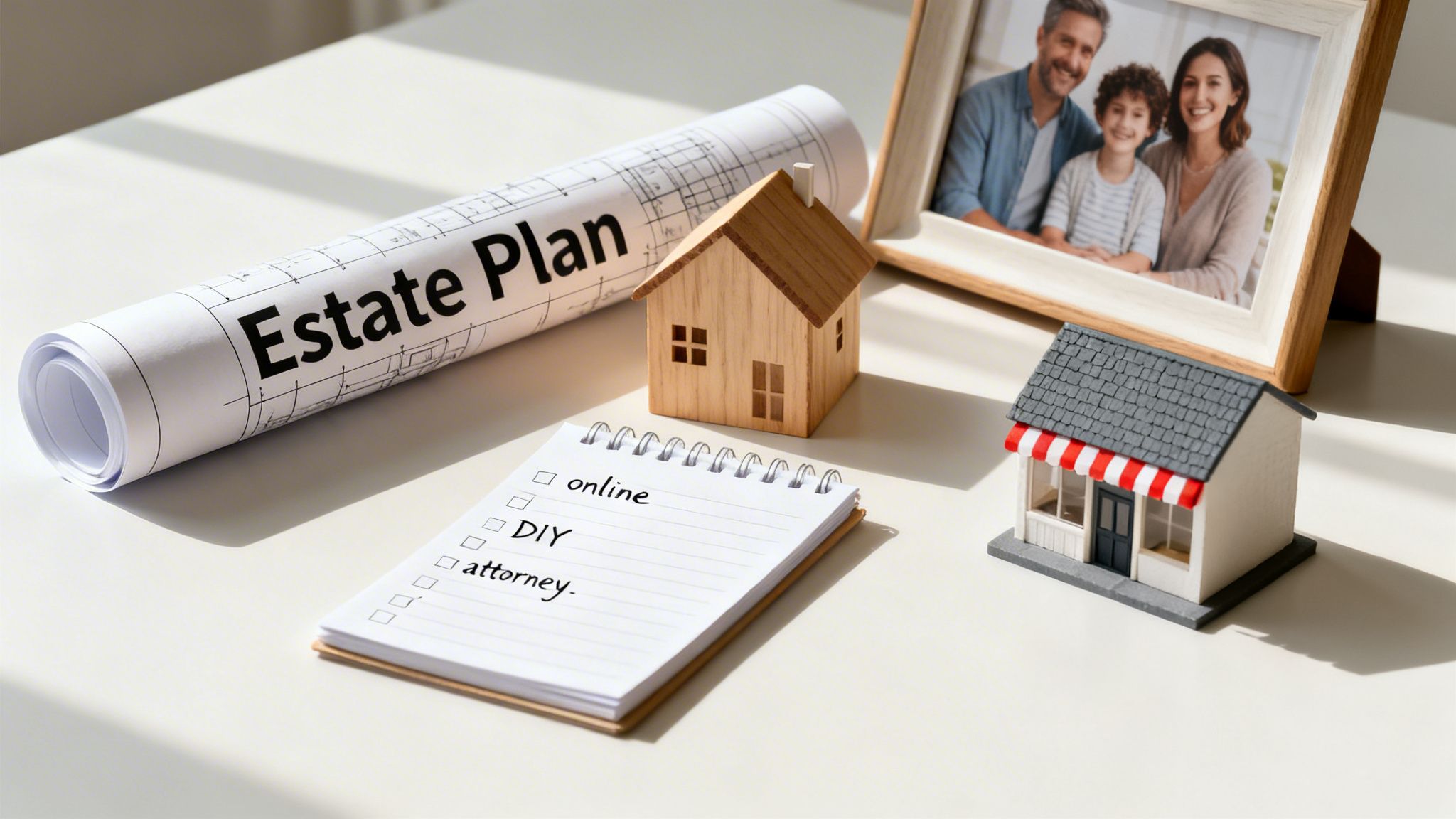 Items on a desk for estate planning: blueprint, miniature houses, family photo, and checklist.