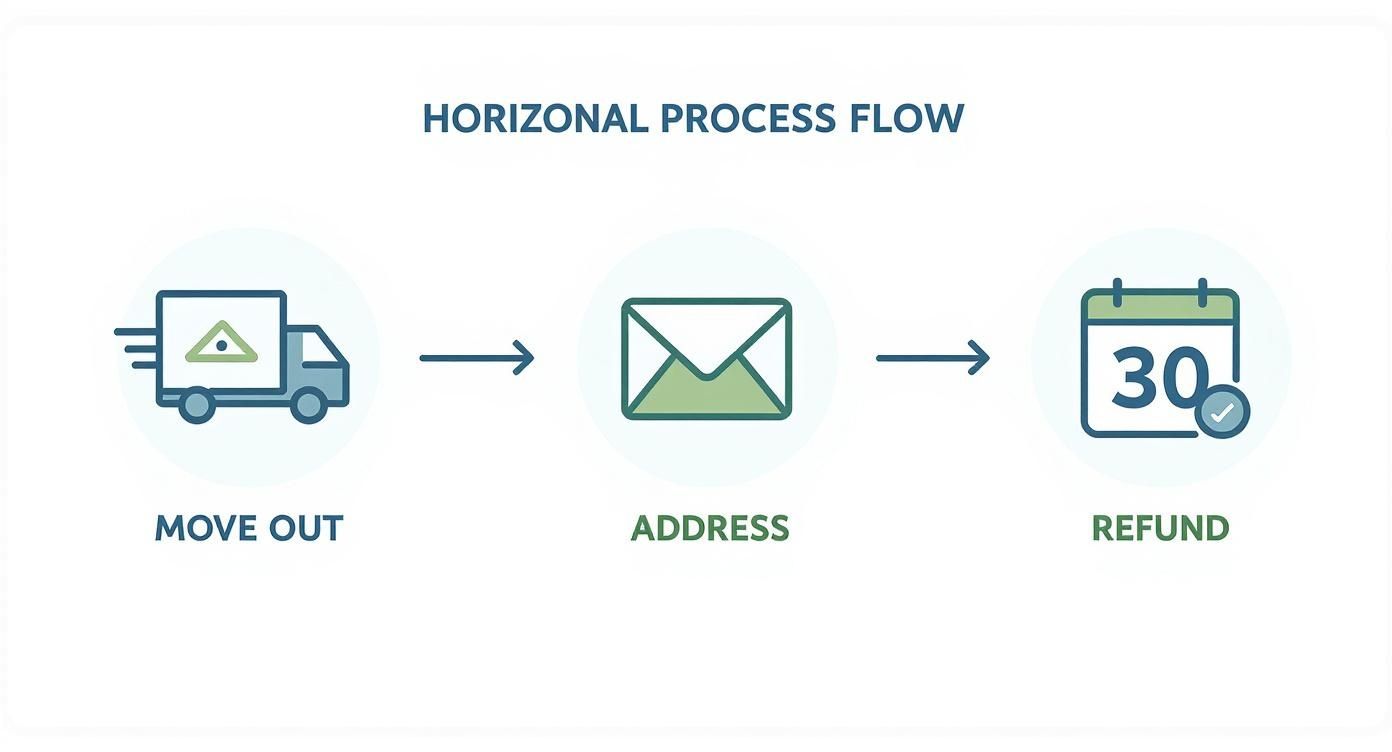 Horizontal process flow infographic showing steps to reclaim a security deposit: moving out, providing an address, and receiving a refund within 30 days.