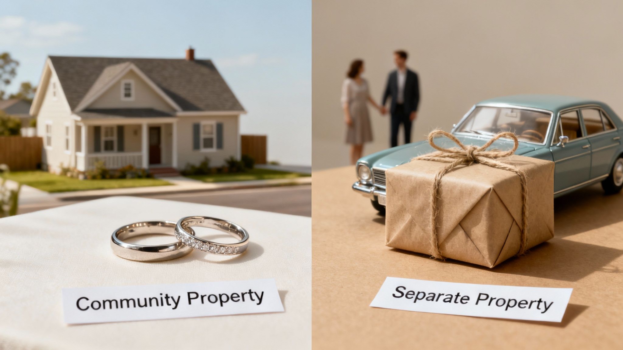 Community property versus separate property comparison showing house with wedding rings and car with gift box