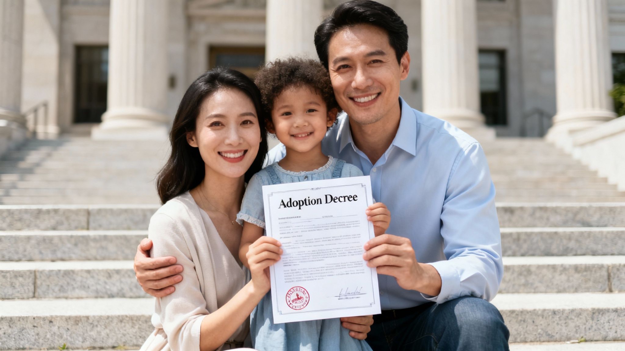 A happy Asian family, a mother, father, and young child, holding an adoption decree in front of a courthouse.