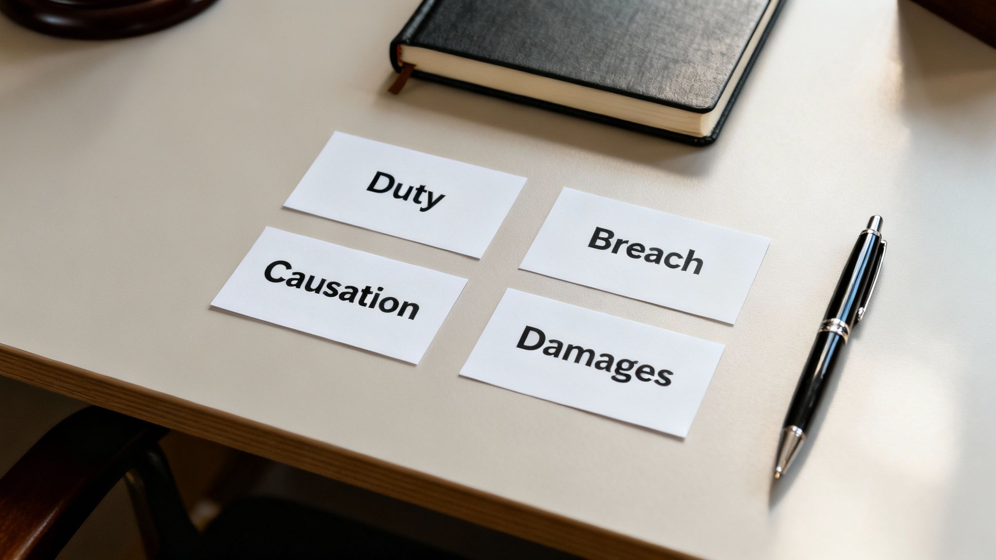 Four white cards on a desk display legal terms: Duty, Breach, Causation, and Damages, alongside a notebook and pen.
