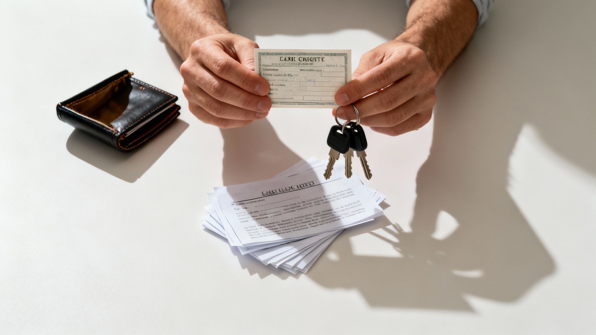 A person looking stressed while reviewing bills and legal documents.