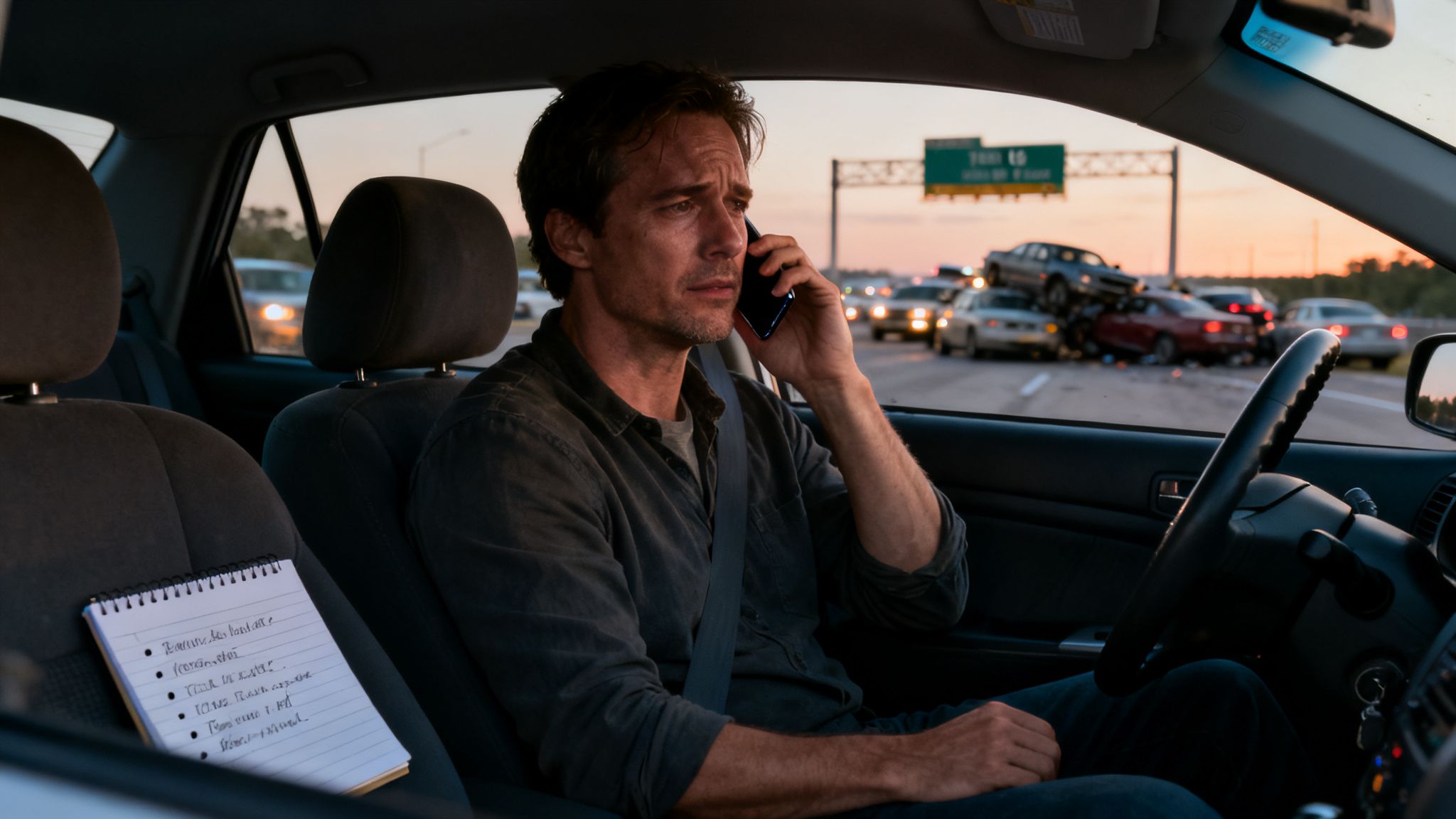 Distressed man calling on phone inside car after a major highway accident.