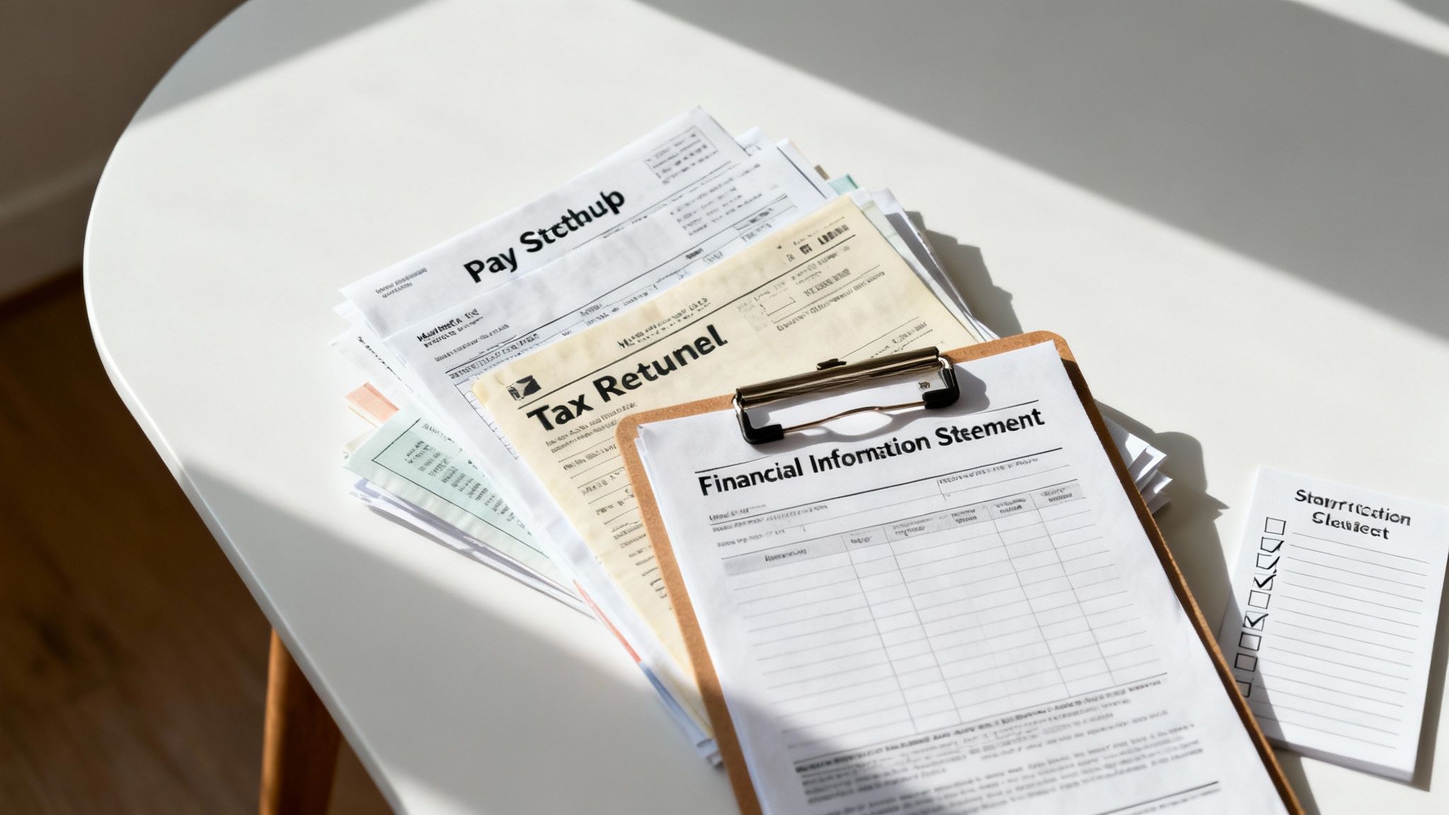 A person organizing legal documents and financial papers on a desk.