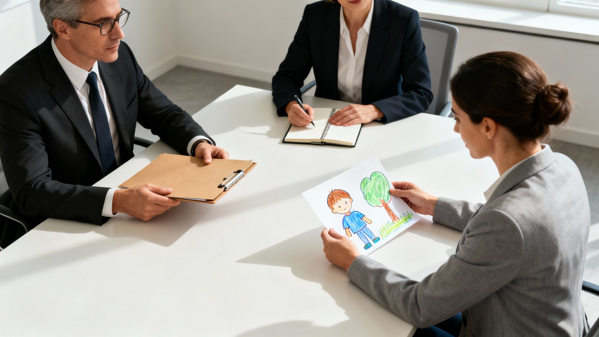 Tres profesionales en una reunión, una mujer examina un dibujo infantil de un niño y un árbol.