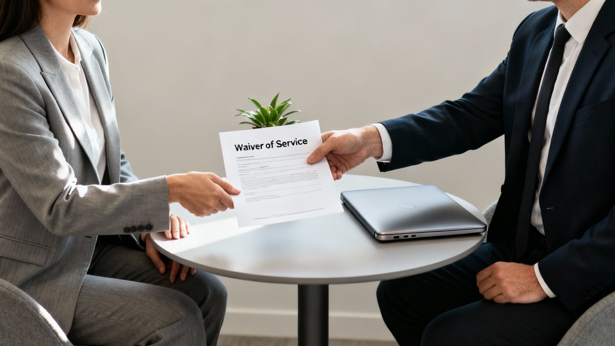 Two business professionals exchange a 'Waiver of Service' document across a table with a laptop.