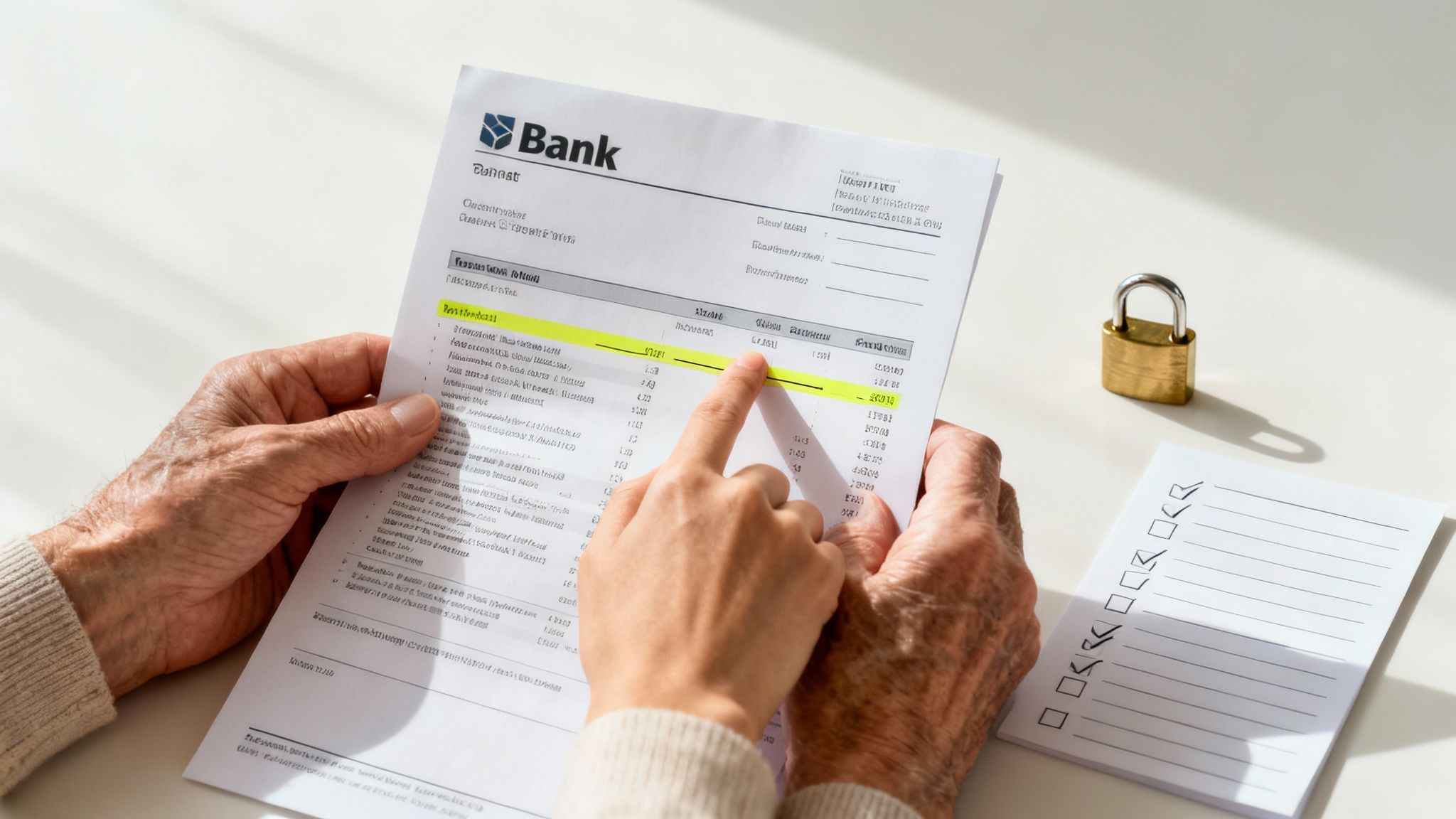 Older and younger hands point at a bank statement, symbolizing financial planning and security.