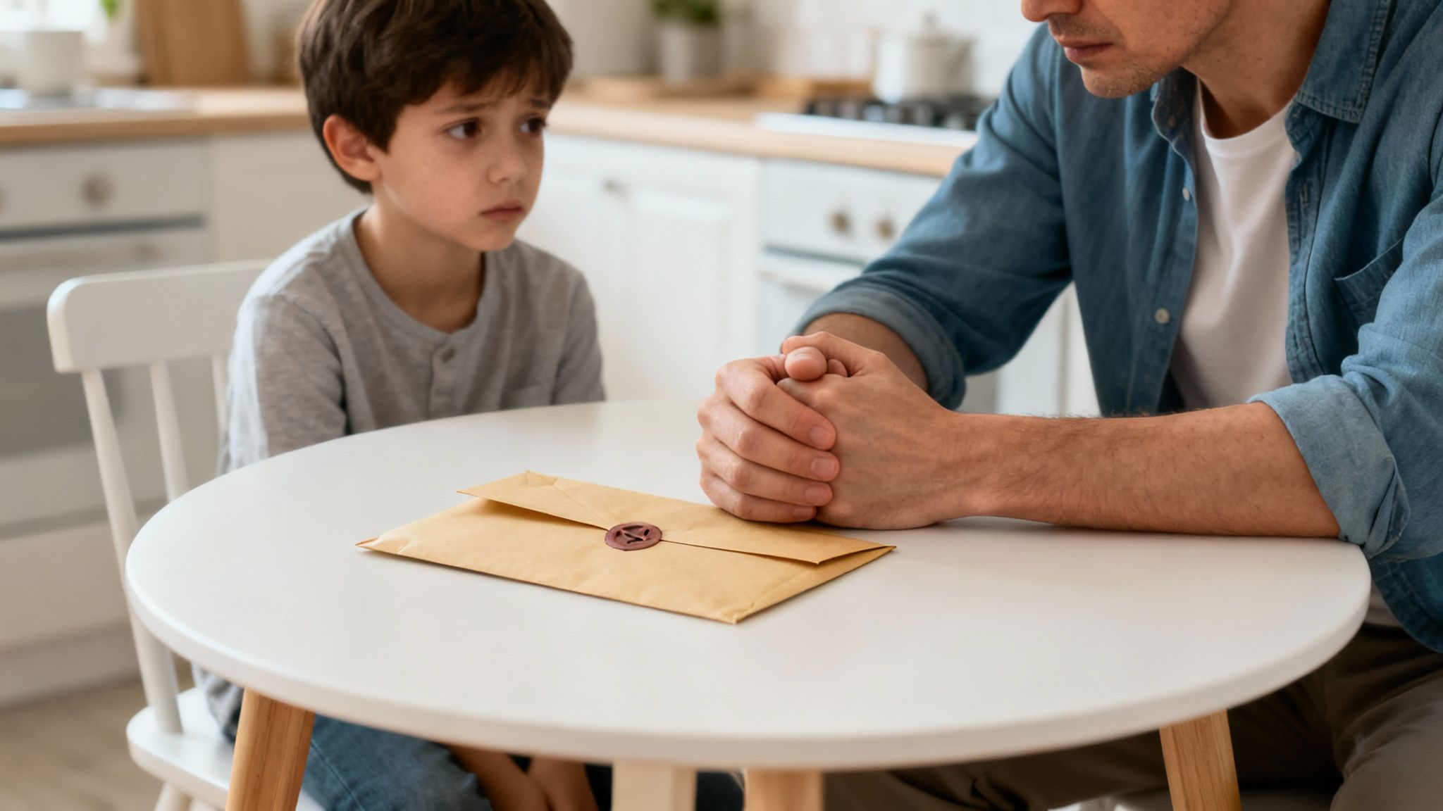 A man and a young boy sit at a kitchen table with a sealed envelope, having a serious talk.