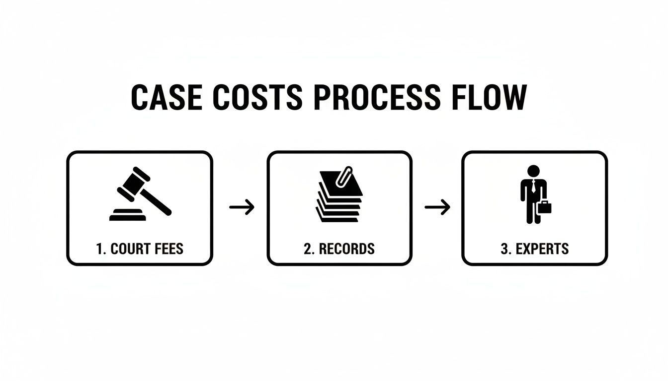 A process flow diagram detailing case costs: court fees, records, and experts.