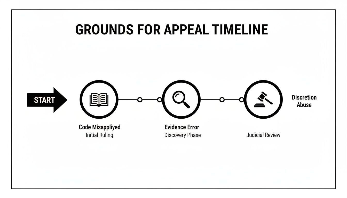 A timeline illustrating the legal grounds for appeal: code misapplication, evidence error, and judicial review.