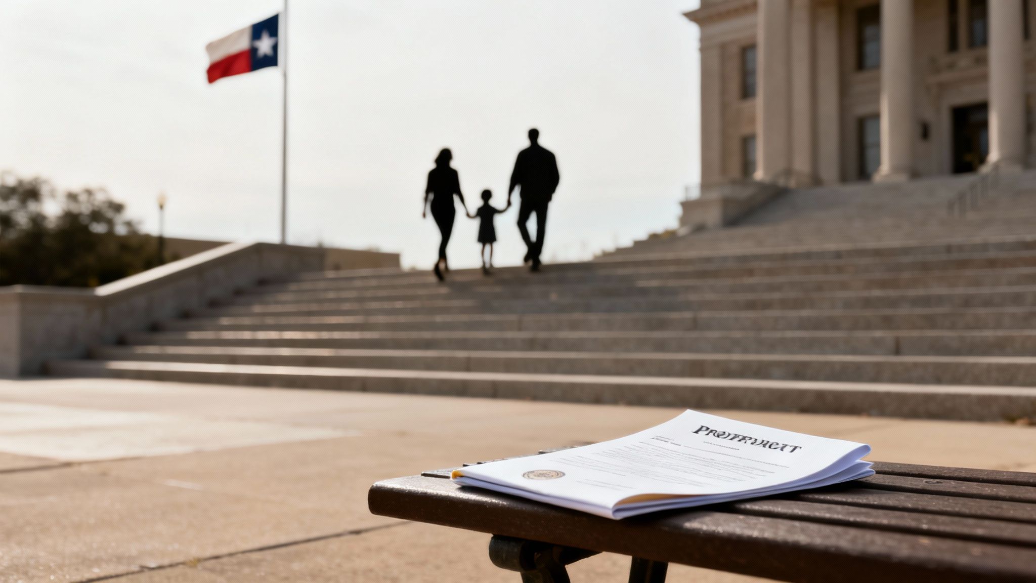 A probate document on a bench, with a family walking towards a Texas courthouse and flag.