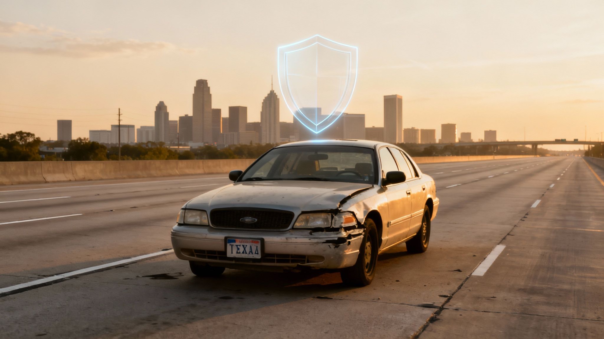 Damaged white car with Texas license plate on highway with protective shield icon above