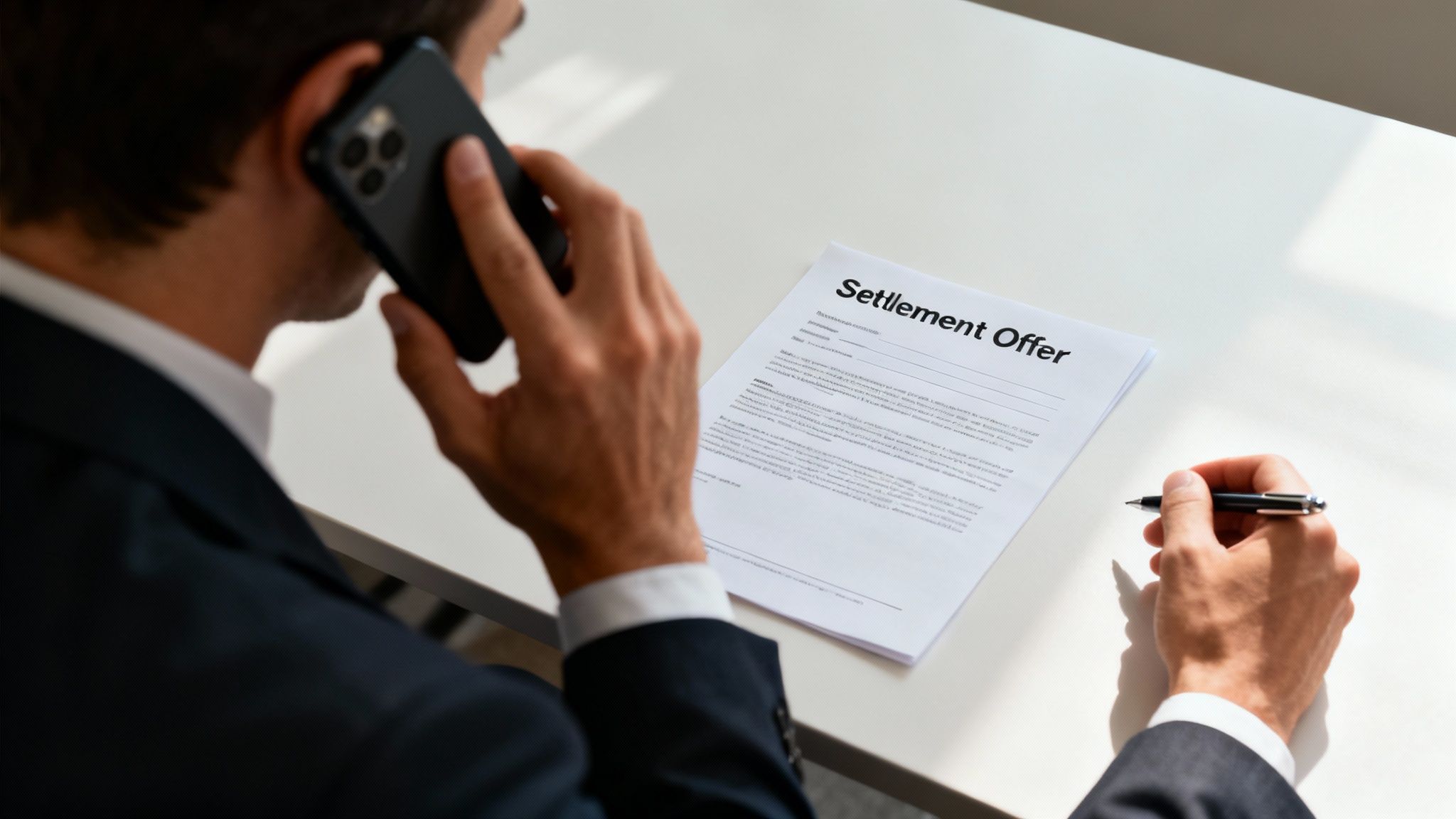A person sitting at a desk, looking stressed while talking on the phone with papers scattered around.