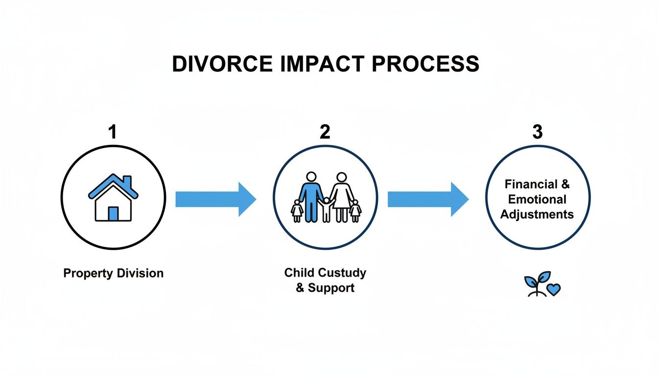 Infographic showing the three steps of the divorce impact process: property division, child custody, and financial and emotional adjustments.