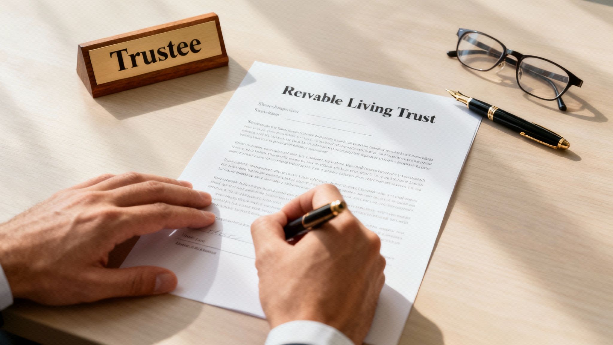 A serene image of a person reviewing trust documents at a desk, symbolizing control and planning.