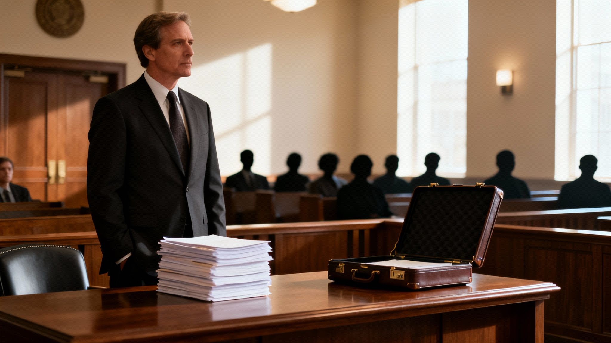 A serious man in a black suit stands in a courtroom with papers and an open briefcase.