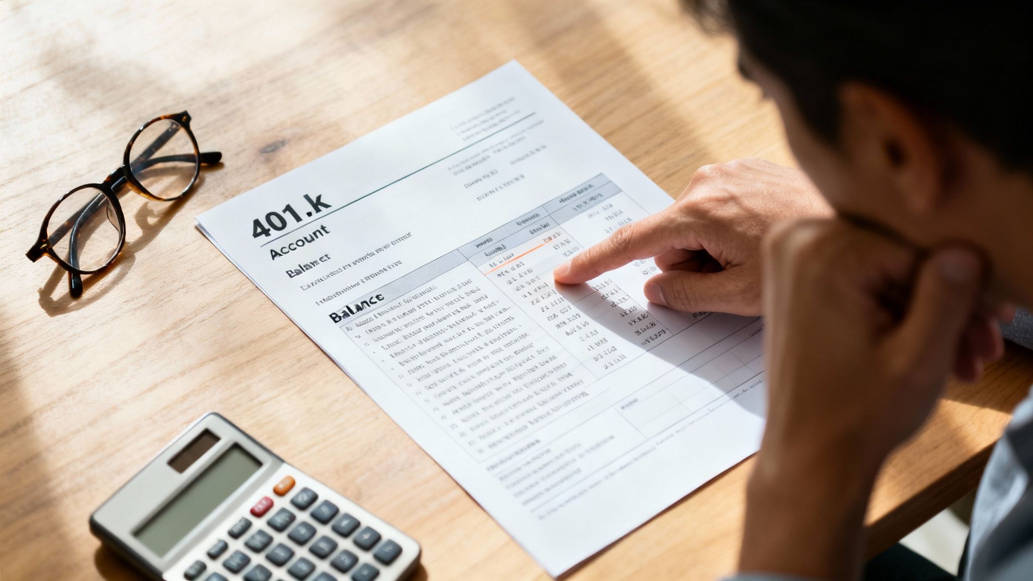 A person reviewing a 401k account statement with a calculator and glasses on a wooden desk.