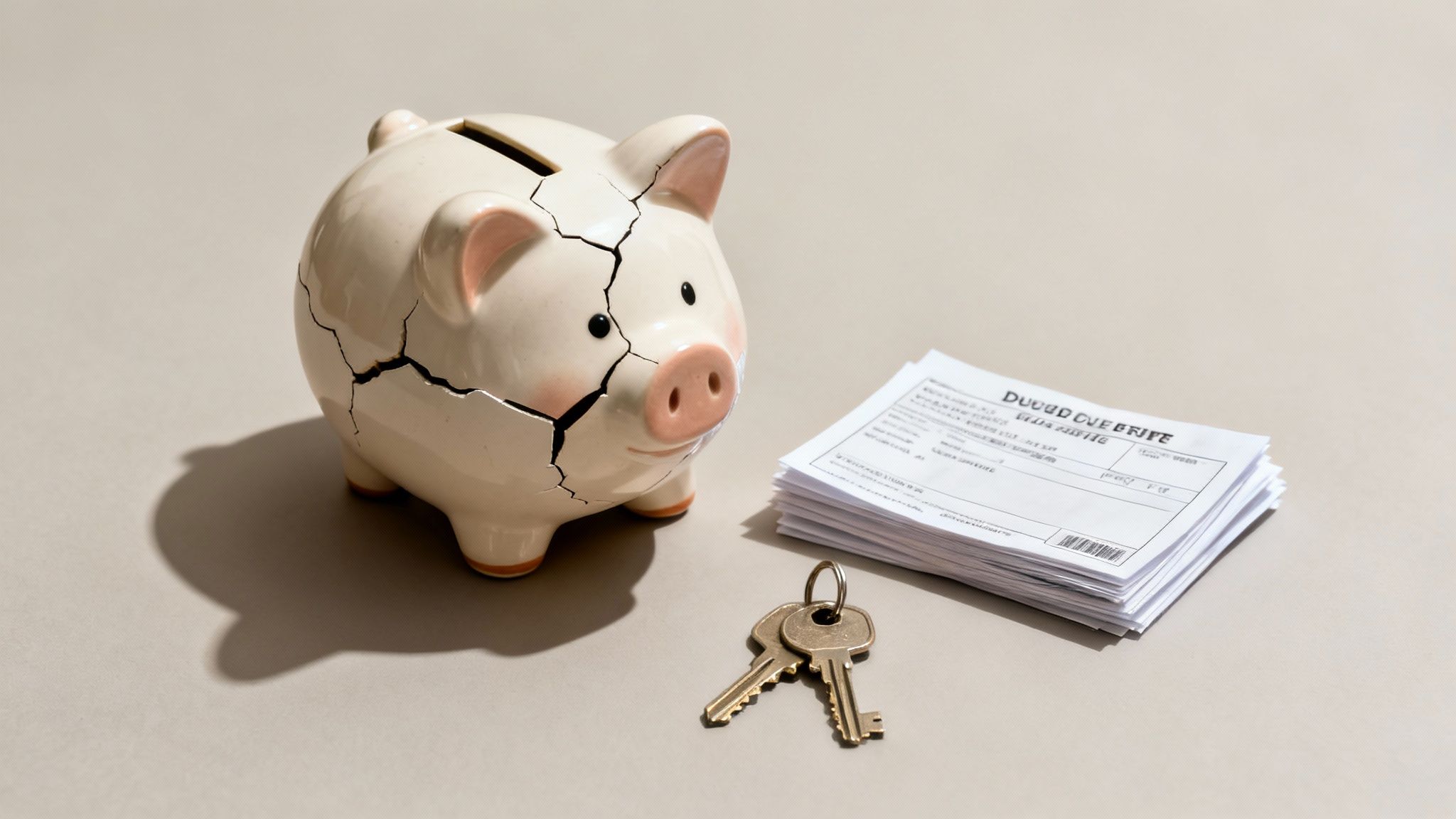 Cracked piggy bank with house keys and past due bills representing financial burden of DWI offense