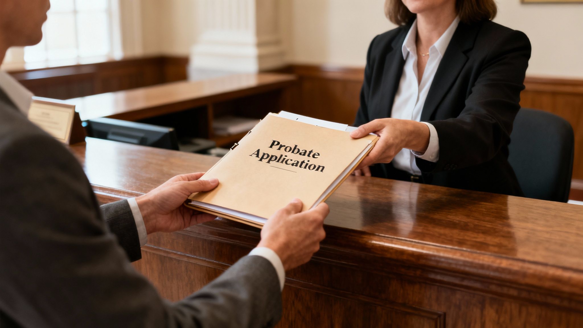 A person carefully reviewing and signing legal documents at a wooden desk with a pen and glasses nearby.