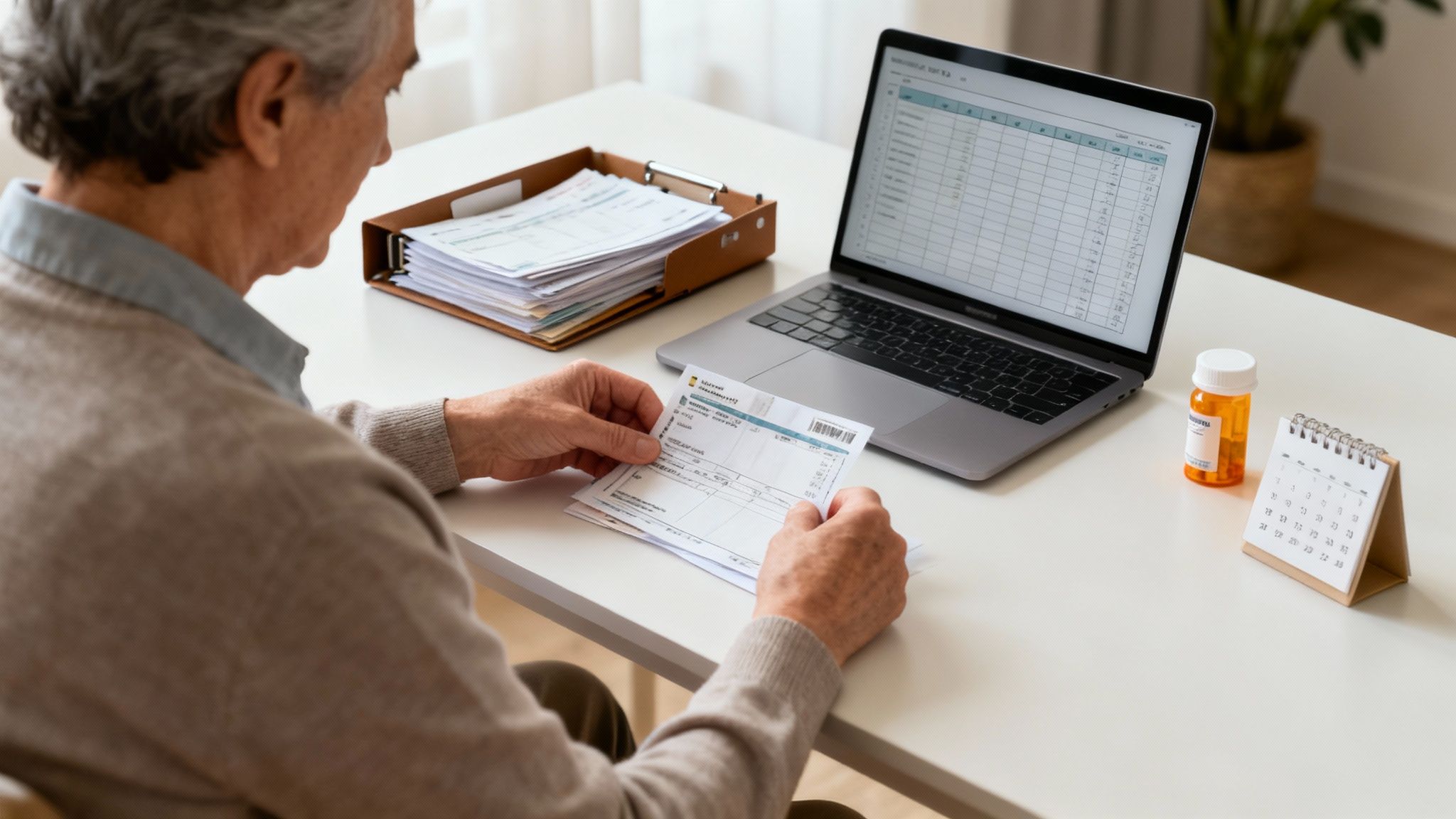 An adult child carefully reviewing legal documents with their elderly parent, symbolizing the responsibilities of a guardian.