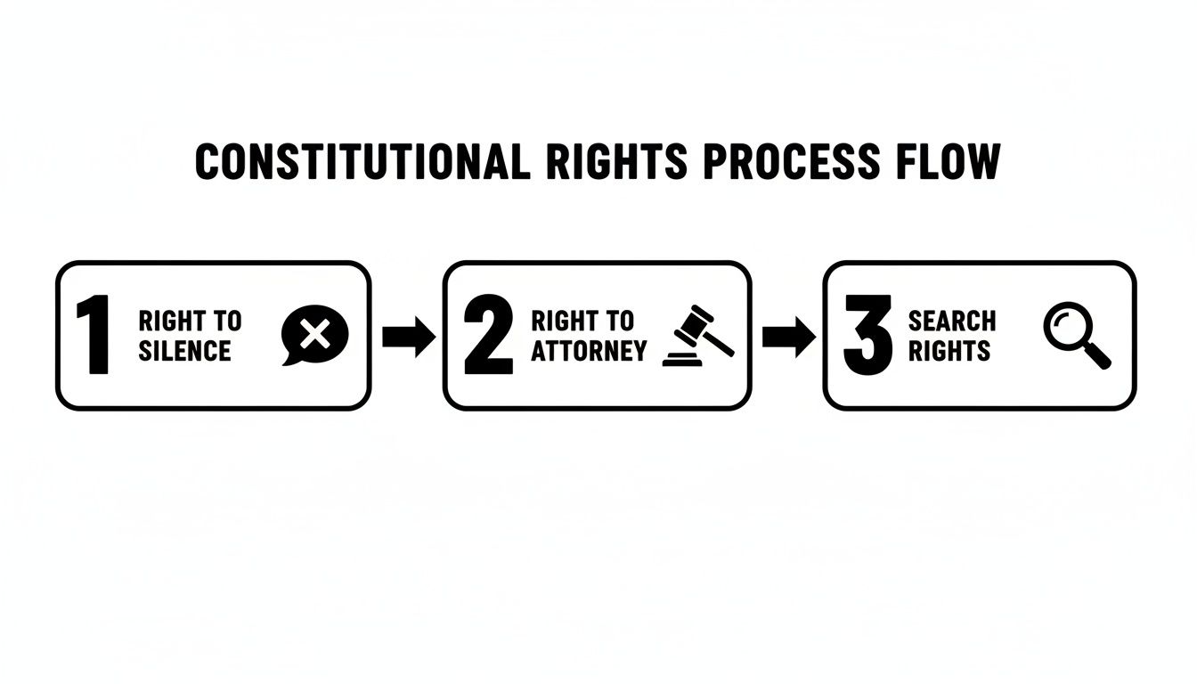 A constitutional rights process flow chart showing Right to Silence, Right to Attorney, and Search Rights.