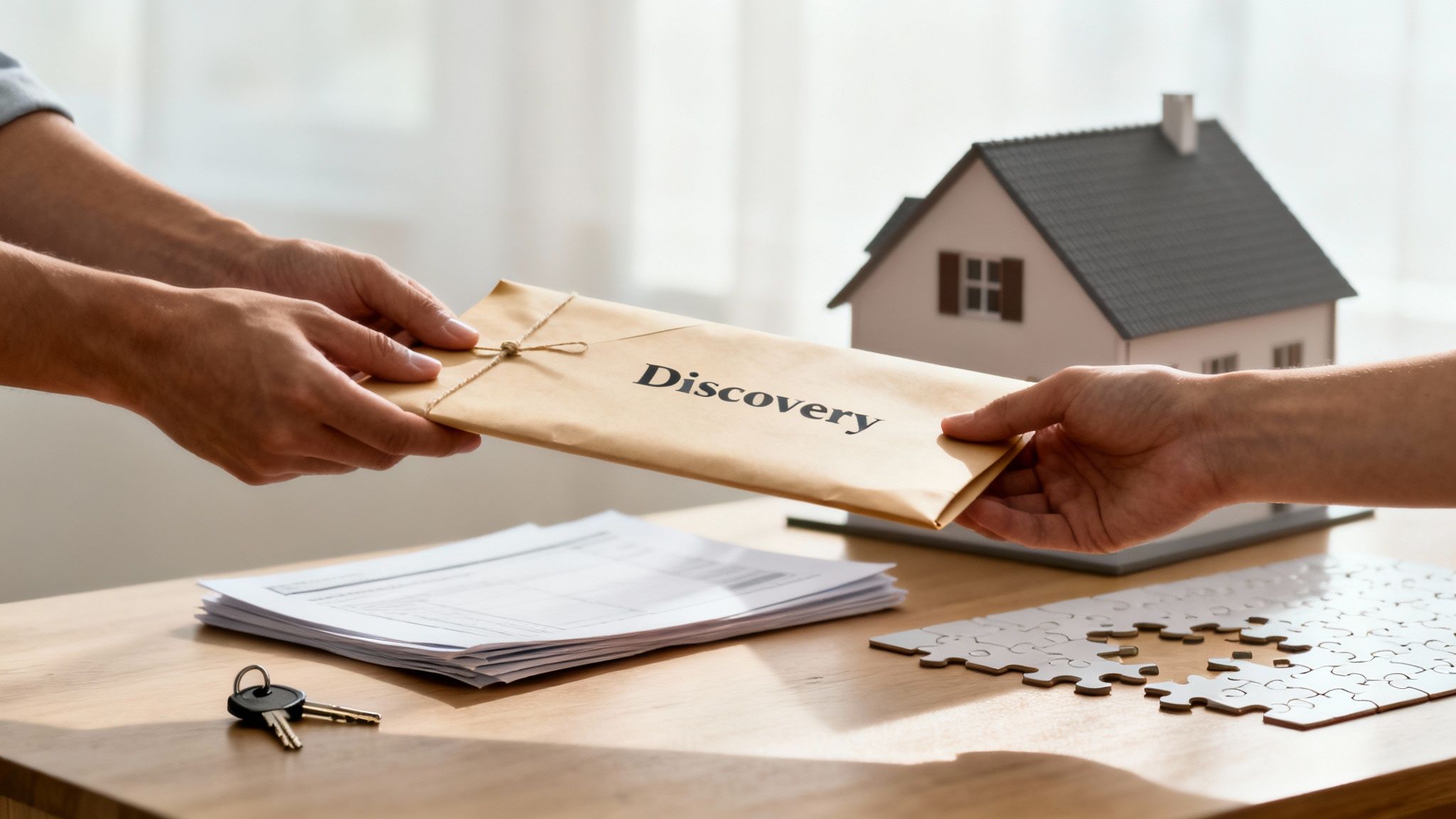 Two hands exchange a 'Discovery' envelope over a table with a house model, keys, and puzzle.