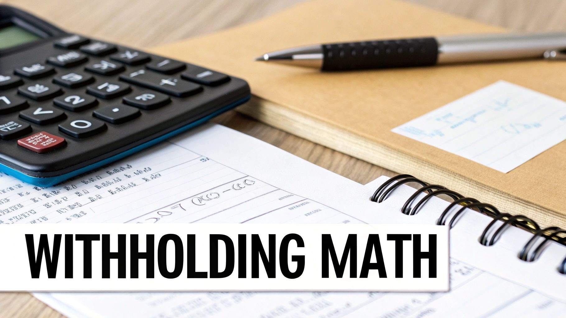 A calculator, pen, and papers with the text 'WITHHOLDING MATH' on a desk, suggesting financial calculations.